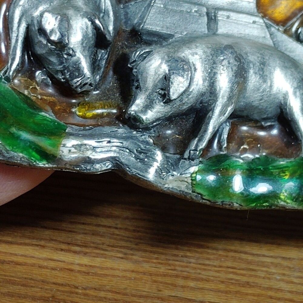 Vintage Bergamot Brass Works Belt Buckle Farm Barn Pigs Corn 1984 USA Enamel - Picture 9 of 10